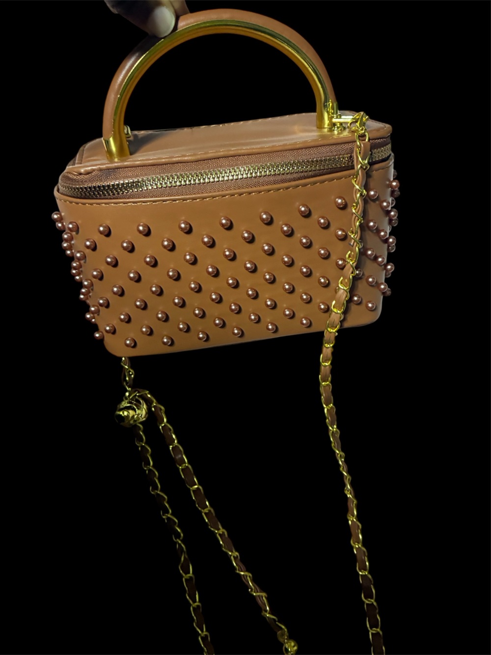 Studded Brown Crossbody Bag with Gold Chain Strap